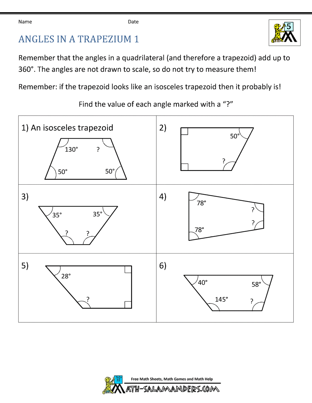 5th Grade Geometry Worksheets Missing Angles