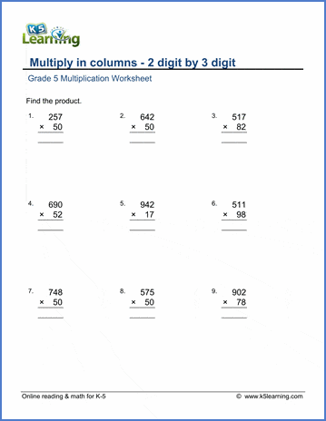 Multiplication in columns (3 by 2-digit) worksheets | Worsheets library