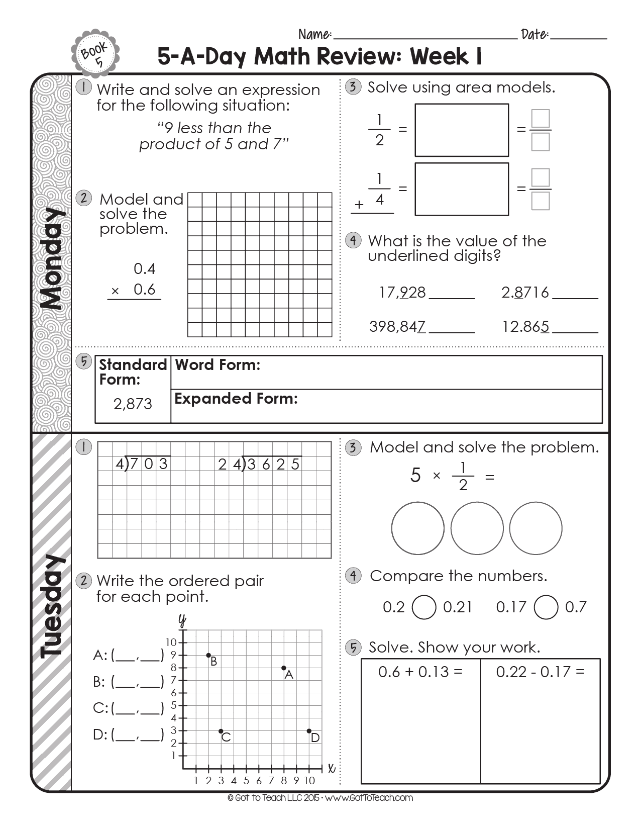 5th grade math review worksheet free