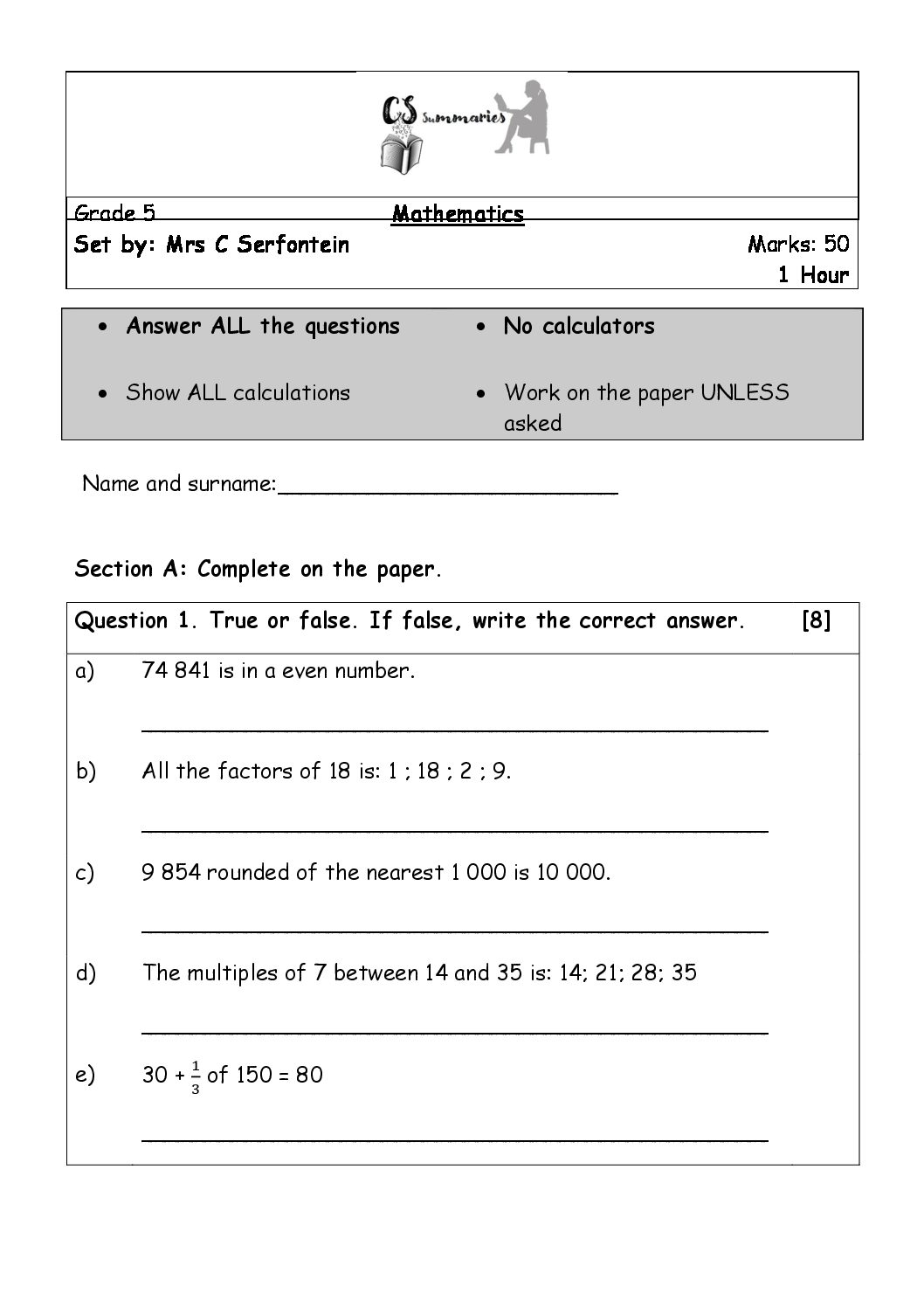 Mathematics Grade 5 Term 1 Tests • Teacha!