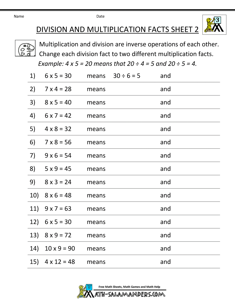 5th grade math worksheet multiplication and division