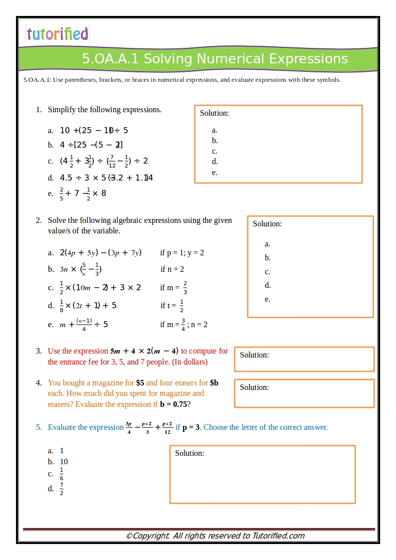 5th grade math worksheet with answer key
