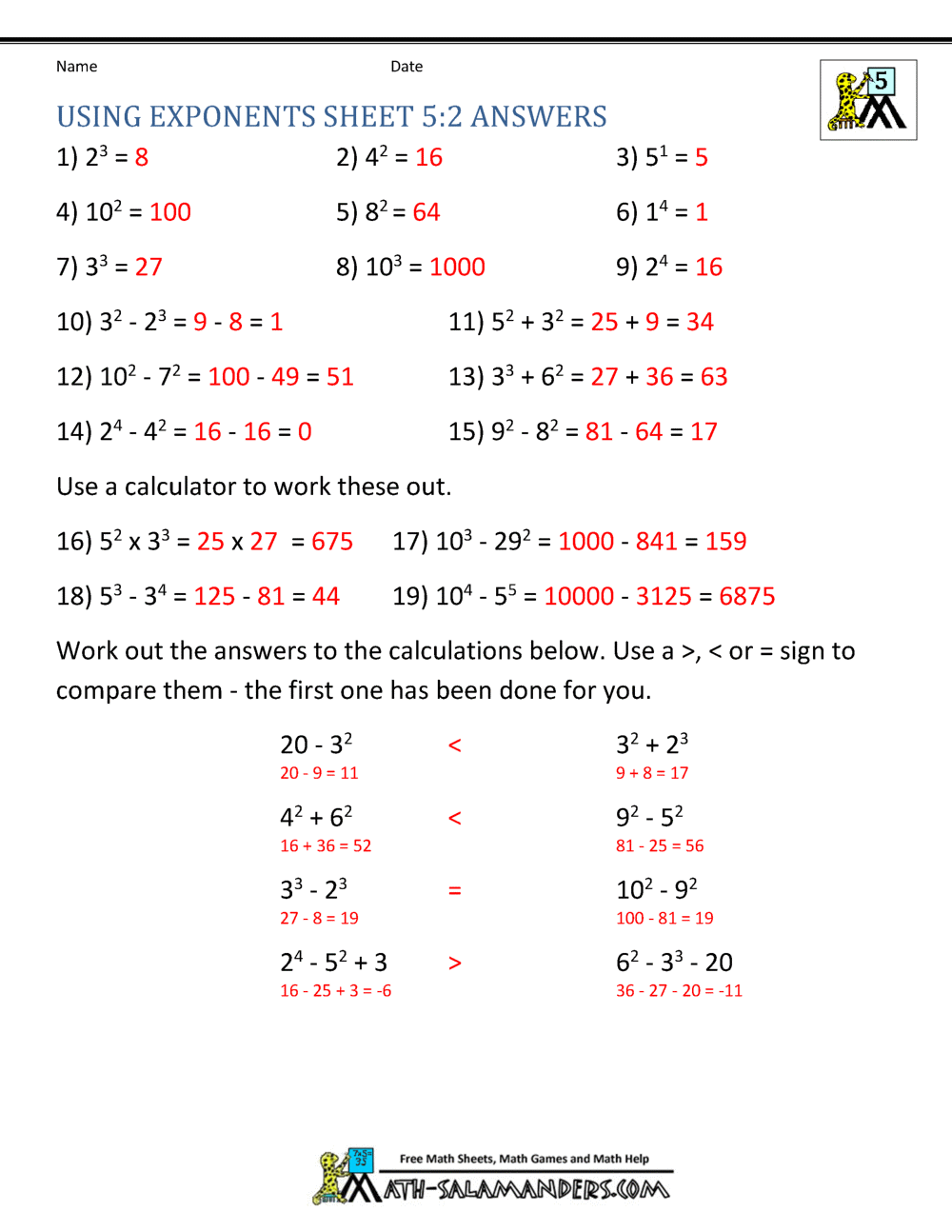5th grade math worksheet with answers