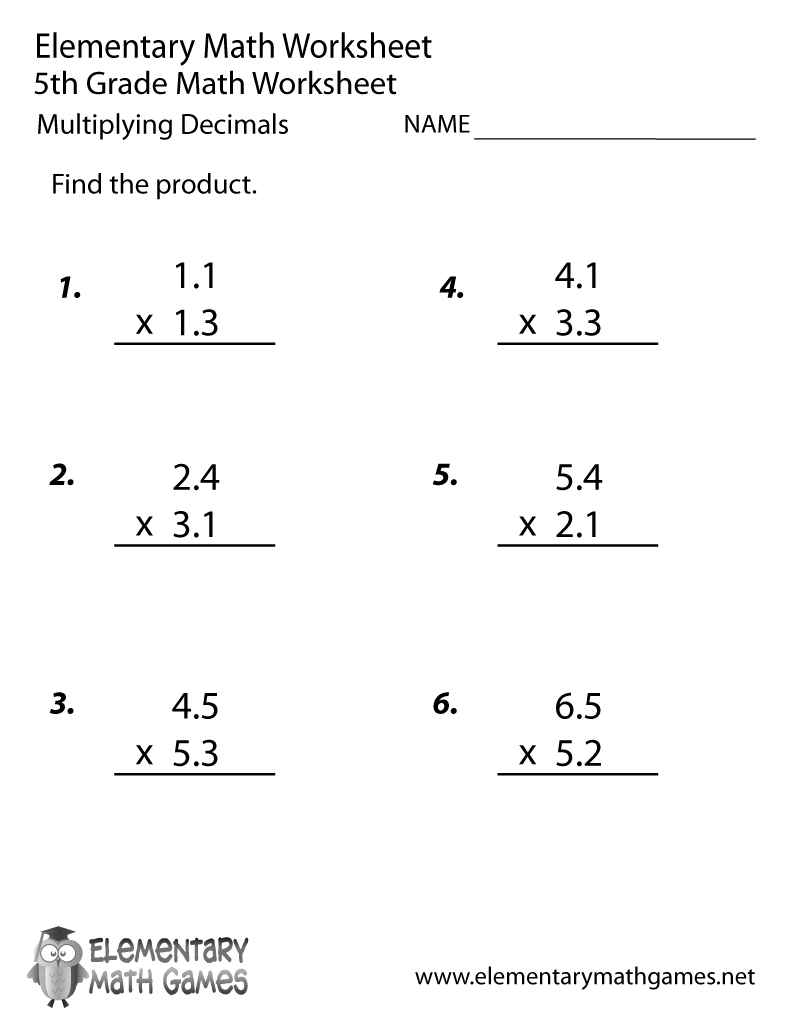 Free Printable Decimals Multiplication Worksheet for Fifth Grade