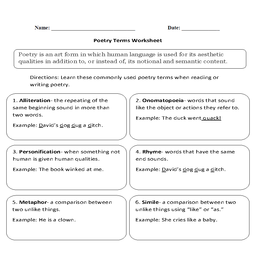 5th grade poems worksheet