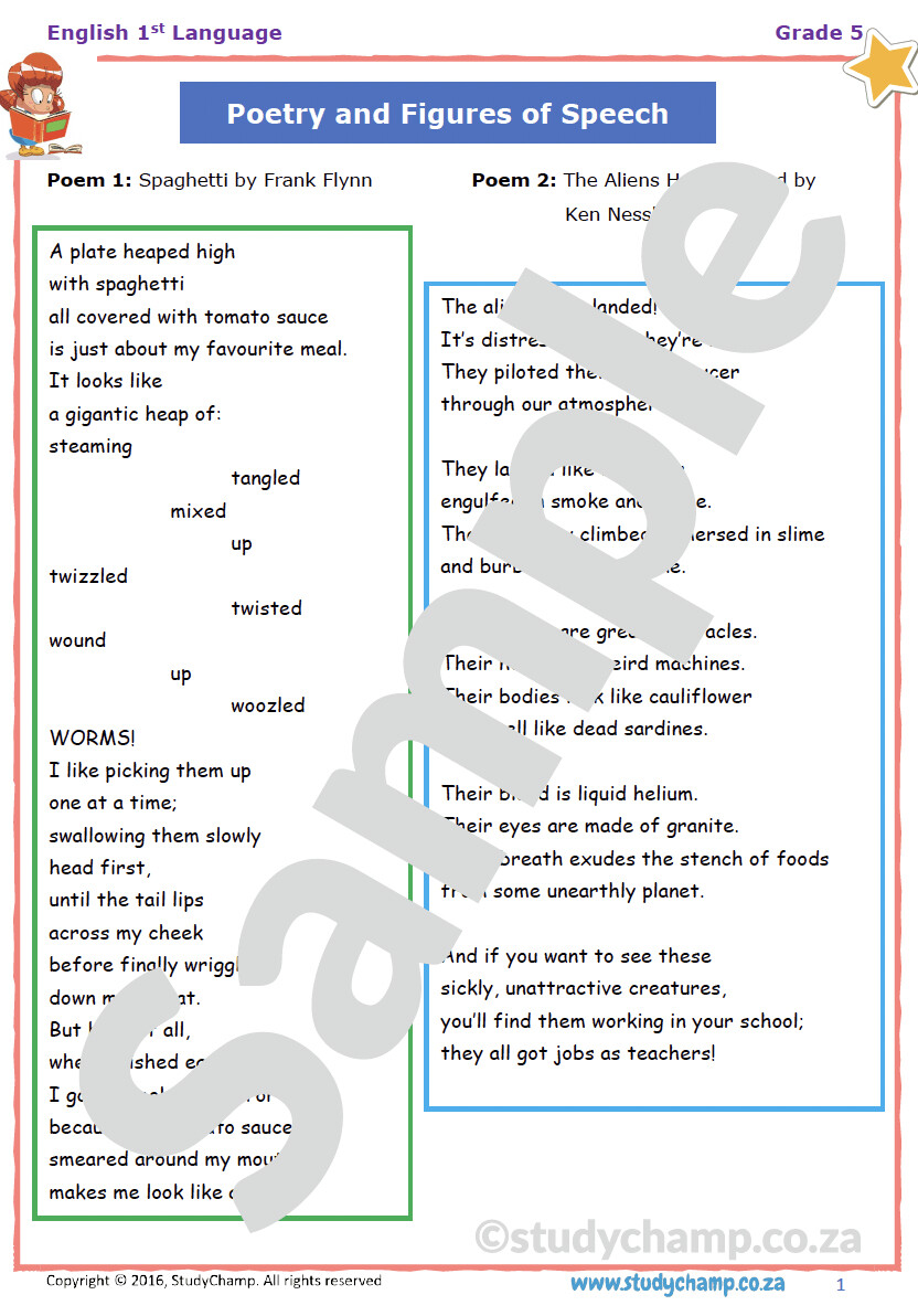 Grade 5 English Worksheet: Poetry and Figures of Speech