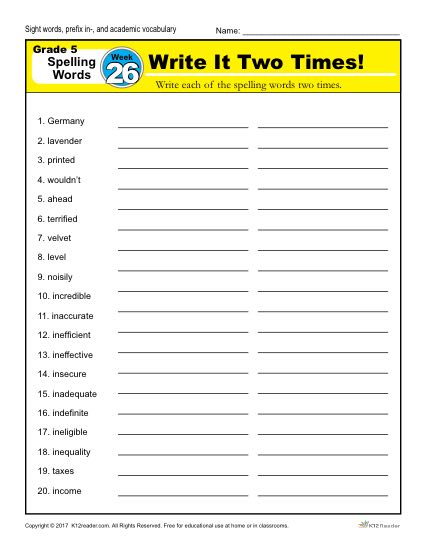 Fifth Grade Spelling Words List - Week 26 | K12Reader