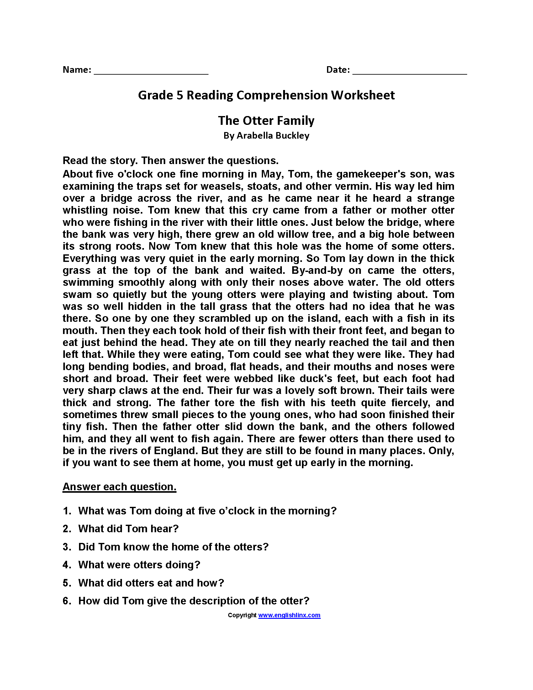 Reading Worksheets | Fifth Grade Reading Worksheets