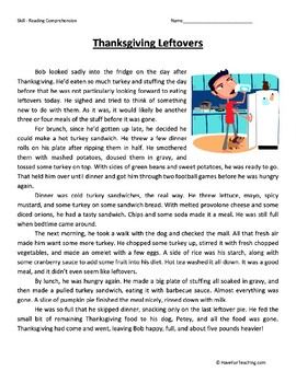 Thanksgiving Leftovers Fifth Grade Reading Comprehension Worksheet