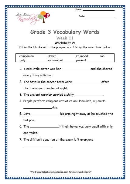 Grade 3: Vocabulary Worksheets Week 11 - Lets Share Knowledge