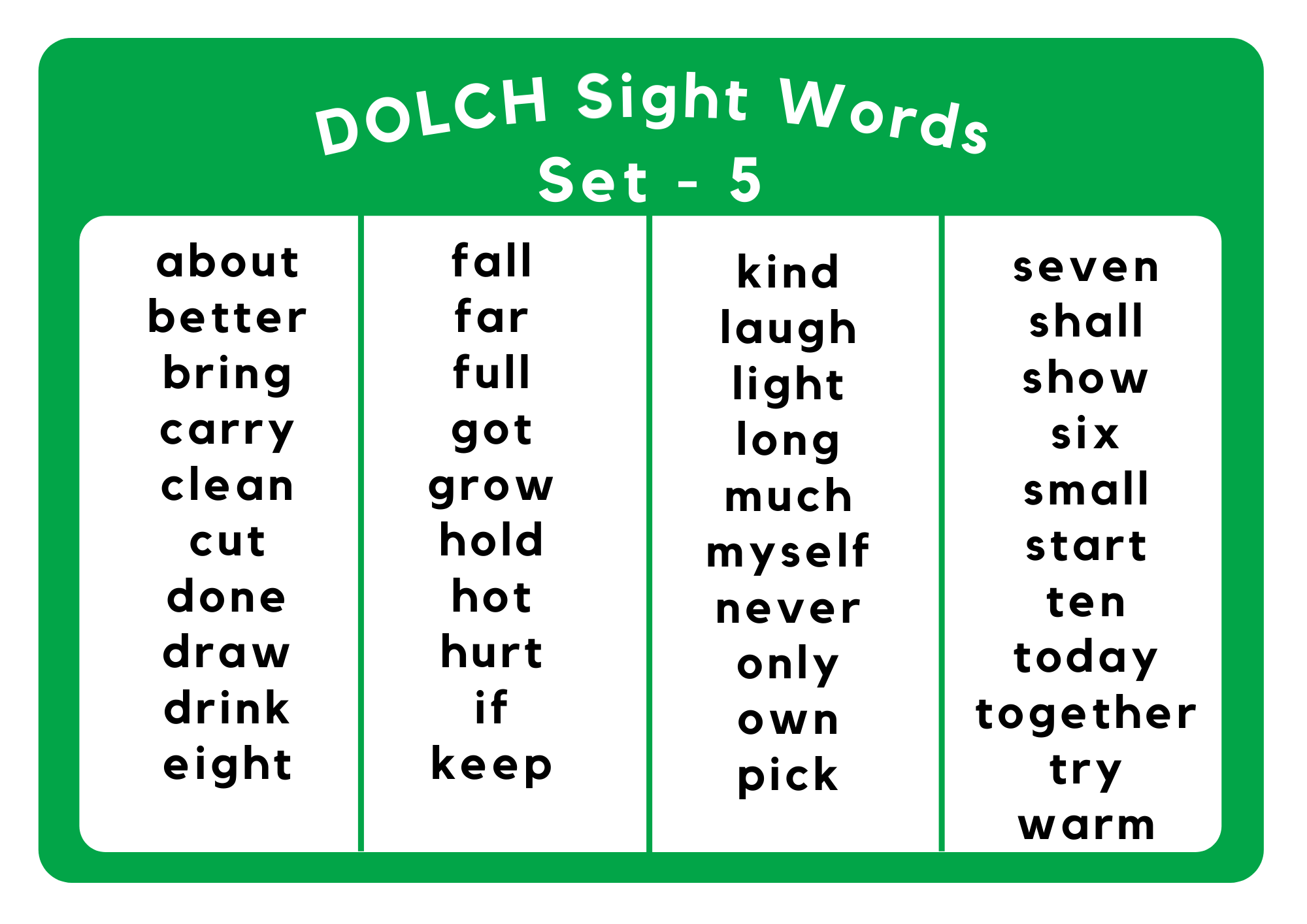 Sight Word Kids Printable Worksheets (pdf) - Dolch Sight Words Level 5