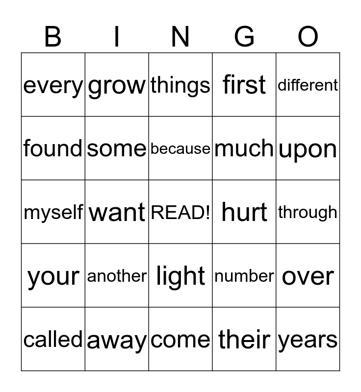 5th Grade Sight Words Bingo Card