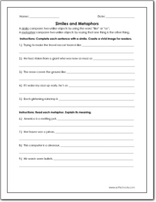 5th grade simile and metaphor worksheet