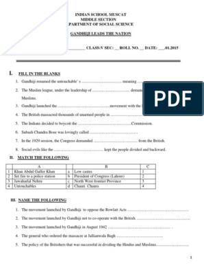 5th grade social studies worksheet on mahatma gandhi