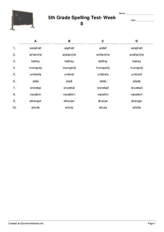 5th Grade Spelling Test- Week 8 - Spelling Test - Quickworksheets