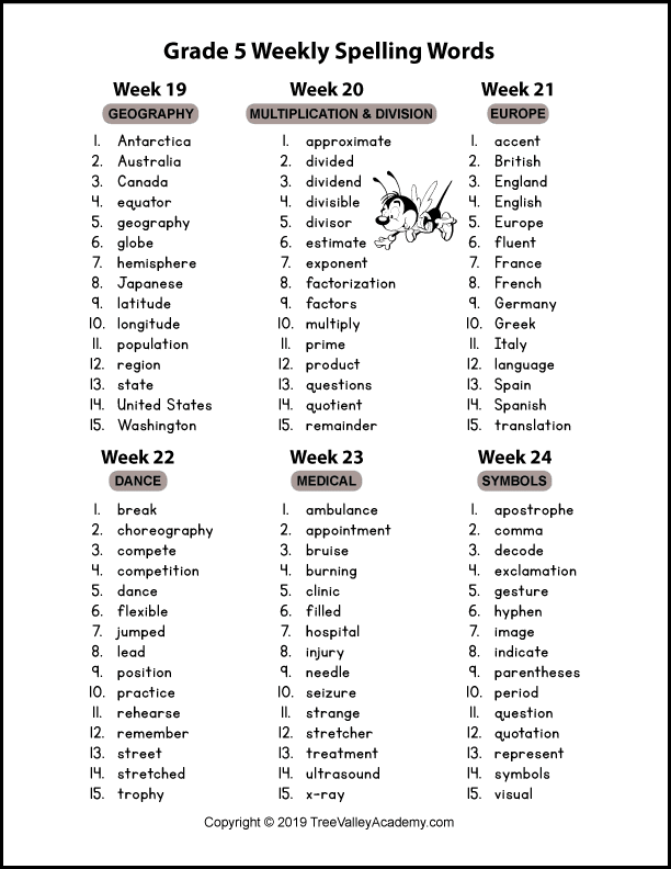 5th grade spelling units