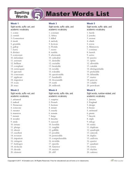 5th grade spelling words worksheet