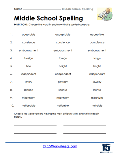 5th grade spelling words worksheet