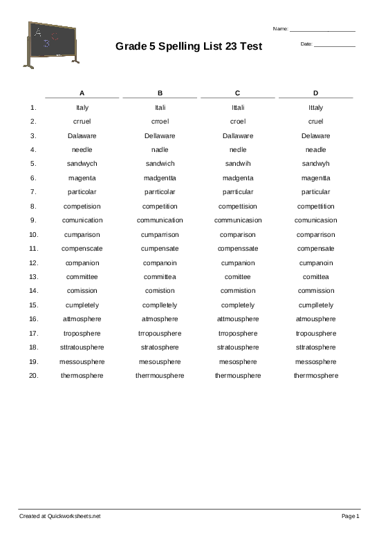 5th grade spelling words worksheet