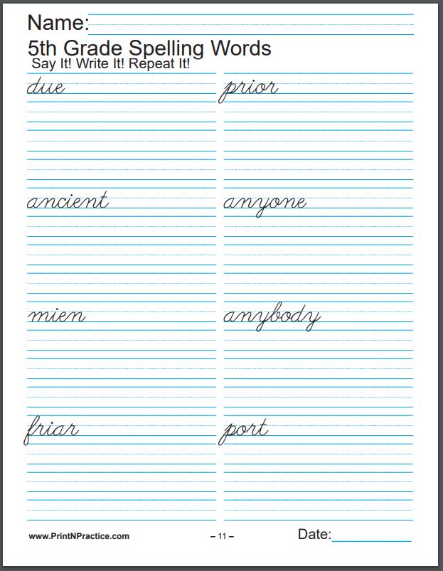 5th grade spelling words worksheet