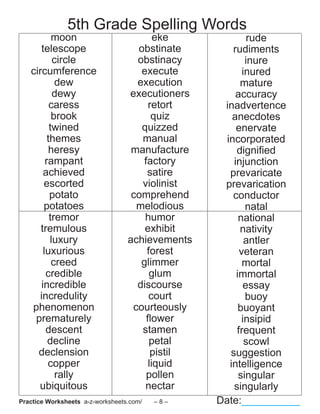 5th grade spelling words worksheet