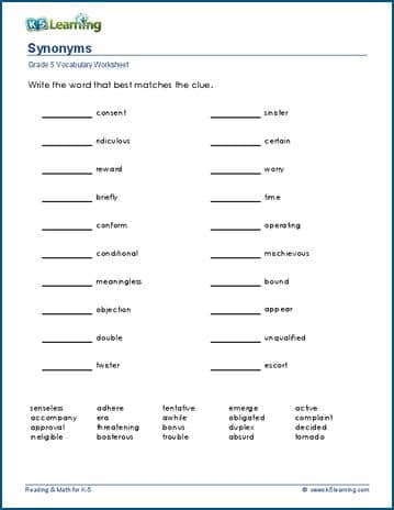 Synonyms for grade 5 | Worsheets library