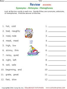 Synonyms - Antonyms - Homophones Worksheet for 3rd - 5th Grade ...