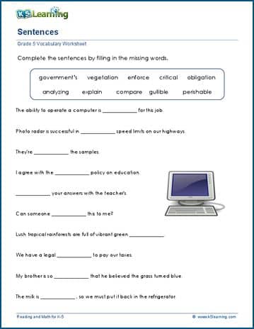 Completing sentences worksheets for grade 5 | Worsheets library