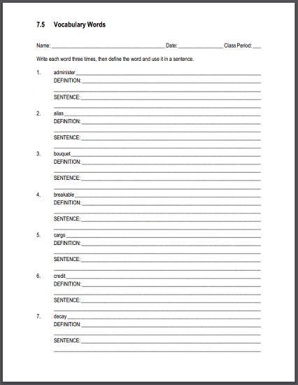 Vocabulary Terms 7.5 Sentences and Definitions Worksheet | Student ...