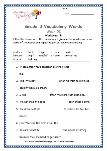 Grade 3: Vocabulary Worksheets Week 52 - Lets Share Knowledge