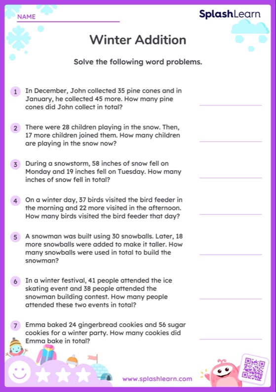 Add within 100: Winter Word Problems — Printable Math Worksheet