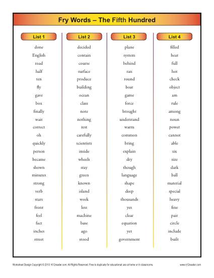 5th grade words list printable