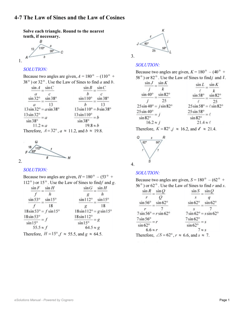 Law of Sines &amp; Cosines Worksheet: Triangle Solutions