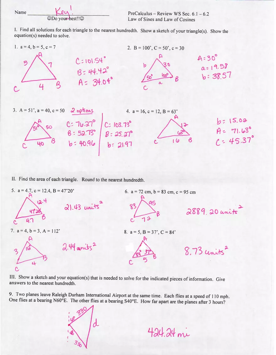 6 310501 law of sines and cosines review kuta with answers