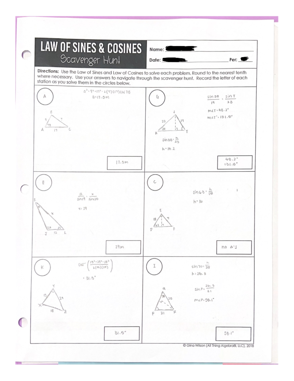 6 310501 law of sines and cosines review kuta with answers