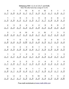 Multiplying with 1, 2, 3, 4, 5, 6, 7, and 8 (B) Worksheet for 4th ...