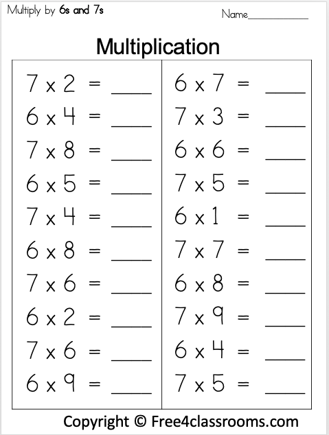 Free Multiplication and Division 6s 7s Math Worksheet Free