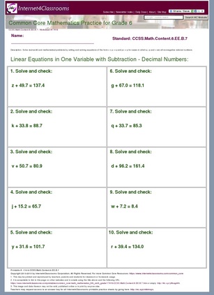 Description/Download - Worksheet #17416. CCSS.Math.Content.6.EE.B.7