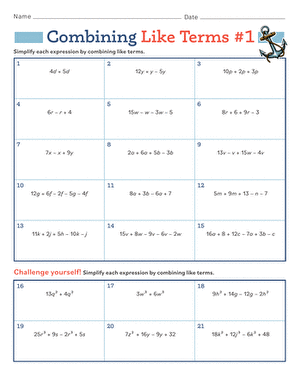 Combining Like Terms #1 | Worksheet 