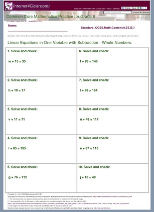 Description/Download - Worksheet #17301. CCSS.Math.Content.6.EE.B.7