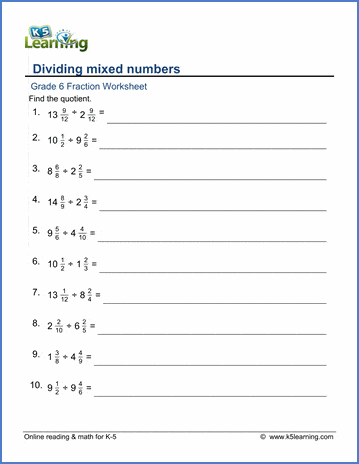 Grade 6 Math worksheet - Fractions: dividing mixed numbers | Worsheets library...