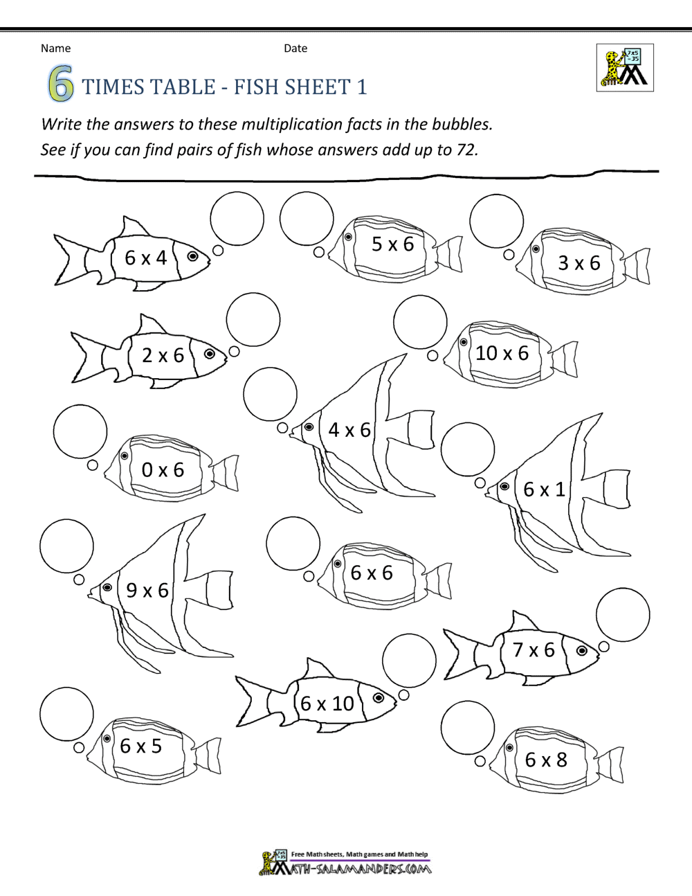 6 times tables worksheet
