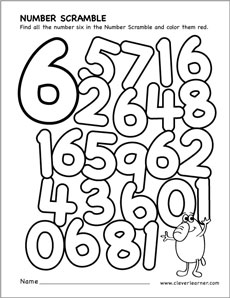 Number scramble activity worksheet for number 6 for preschool children