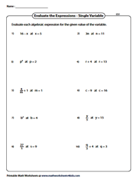 Evaluating Algebraic Expression Worksheets