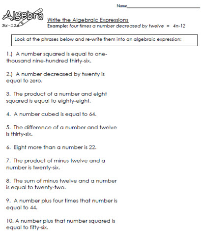Algebraic Expressions 6 Worksheets