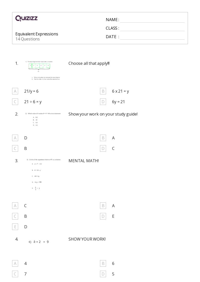 50+ Equivalent Expressions worksheets for 6th Grade on Quizizz ...