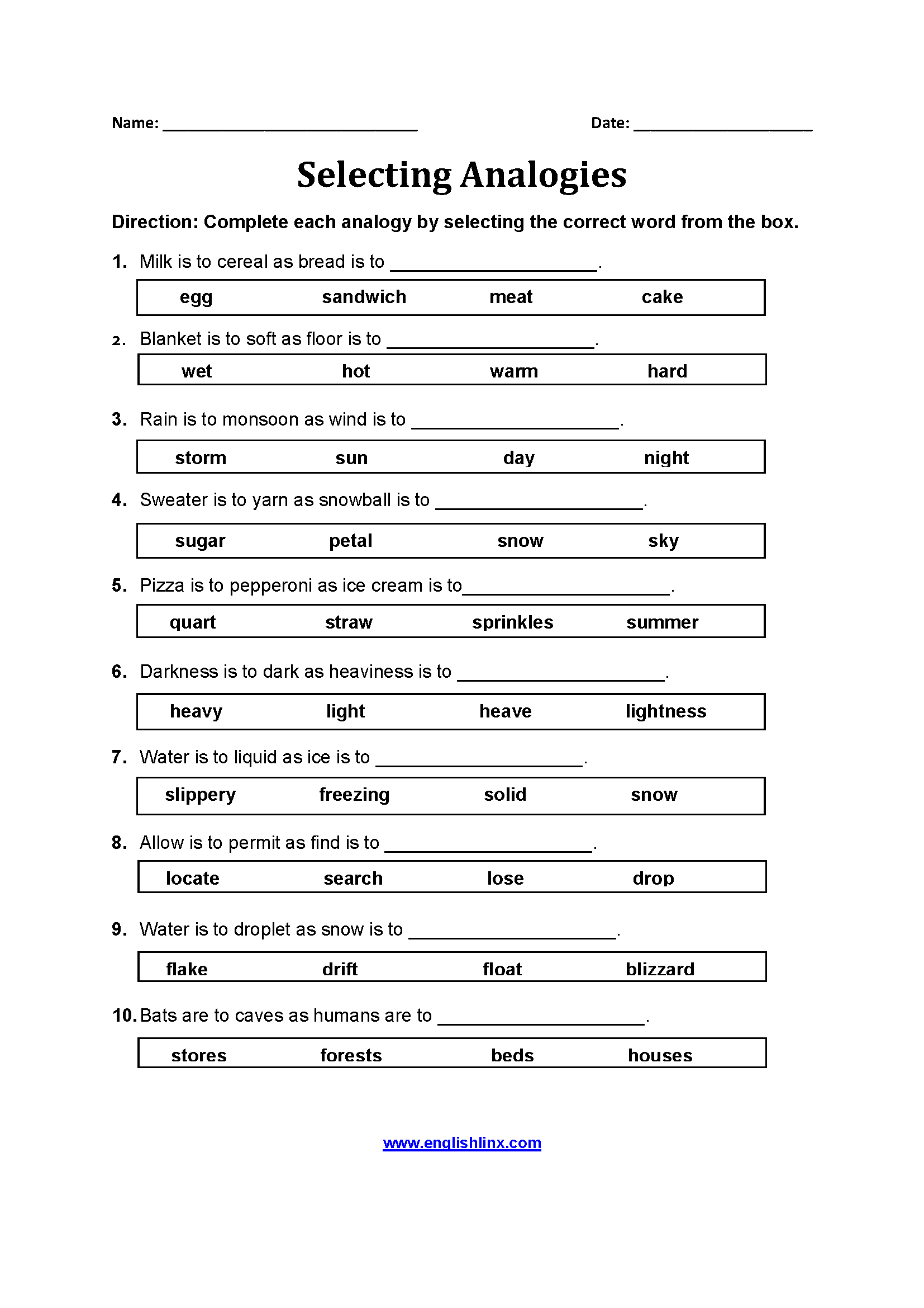 6th grade analogies worksheet