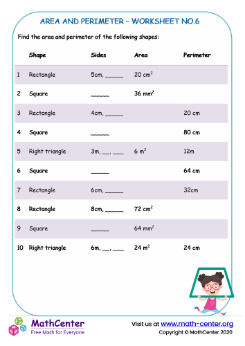 Area and Perimeter - worksheet no.6 | Worksheets | Math Center