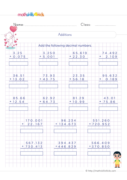 6th Grade decimal addition and subtraction: Free printable worksheets