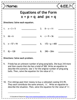 6th Grade EE Math Worksheets ☆ Expressions &  Equations by ...